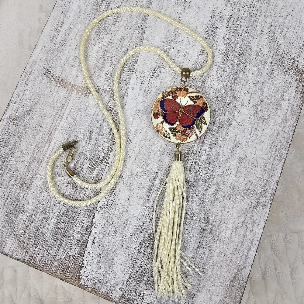 Vintage Cloisonne Butterfly Pendant Necklace - Picture 1 of 10